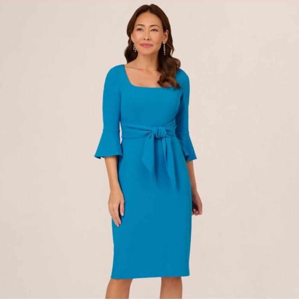 NWT Women's ADRIANNA PAPELL Tie Waist Pencil Midi Dress Blue |‎ Size 8